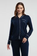 Pierre Cardin 8986 Kadın Lacivert Gömlek Yaka Önden Düğmeli Cepli Pijama Takım