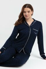 Pierre Cardin 8986 Kadın Lacivert Gömlek Yaka Önden Düğmeli Cepli Pijama Takım