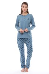 Pijadore 1536 Kadın Üç Düğmeli Pijama Takımı Uzun Kol Büyük Beden