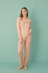 Gd Goldoremi 50902-26 Kadın Çizgili Milan Kumaş Uzun Kol Pijama Takım