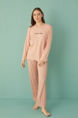Gd Goldoremi 50902-26 Kadın Çizgili Milan Kumaş Uzun Kol Pijama Takım