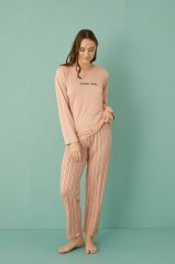 Gd Goldoremi 50902-26 Kadın Çizgili Milan Kumaş Uzun Kol Pijama Takım
