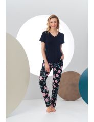 Pjs 24168 Kadın Kısa Kollu V Yaka Desenli Pijama Takım