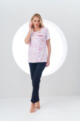 PJS Kadın Desenli Önden Düğmeli Kısa Kollu Pijama Takım