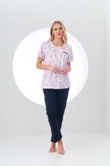 PJS Kadın Desenli Önden Düğmeli Kısa Kollu Pijama Takım