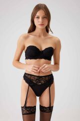 Pierre Cardin 4791 Vicenza Dantel Ekstra Dolgulu Çoraplı Straplez Jartiyer Sütyen ve Tanga Takım Siyah - 75