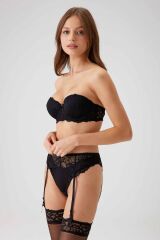 Pierre Cardin 4791 Vicenza Dantel Ekstra Dolgulu Çoraplı Straplez Jartiyer Sütyen ve Tanga Takım Siyah - 75