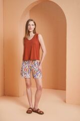 Pjs Kadın Desenli Kiremit V Yaka Sıfır Kol Şortlu Pijama Takım