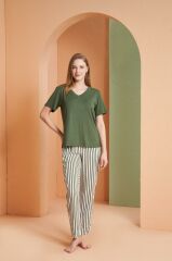 Pjs Kadın V Yaka Yarım Kollu Çizgili Pijama Takım