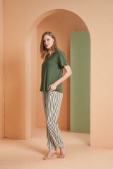 Pjs Kadın V Yaka Yarım Kollu Çizgili Pijama Takım