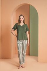 Pjs Kadın V Yaka Yarım Kollu Çizgili Pijama Takım