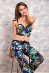 Anıl 4152 Kadın Çiçekli Viskon Push Up Bralet Mavi Pijama Takım