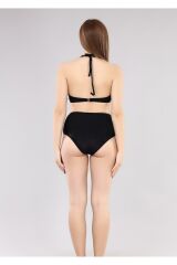 Ruko Maio 2236-3 Siyah Fırfırlı V Yaka Boyundan Bağlamalı Yüksek Bel Bikini