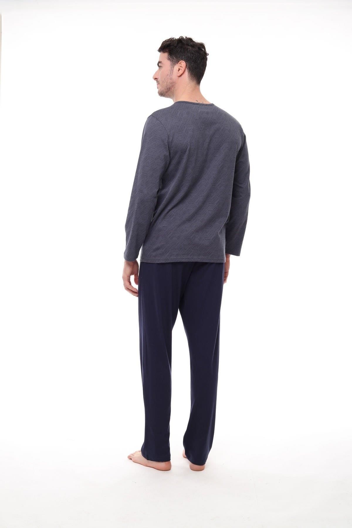 Pijadore 1404 Erkek Büyük Beden Uzun Kollu Düğmeli Pijama Takım Füme - 3XL