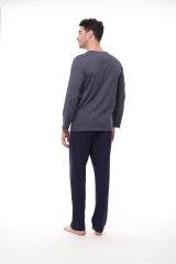Pijadore 1404 Erkek Büyük Beden Uzun Kollu Düğmeli Pijama Takım Füme - 3XL