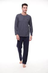 Pijadore 1404 Erkek Büyük Beden Uzun Kollu Düğmeli Pijama Takım Füme - 3XL