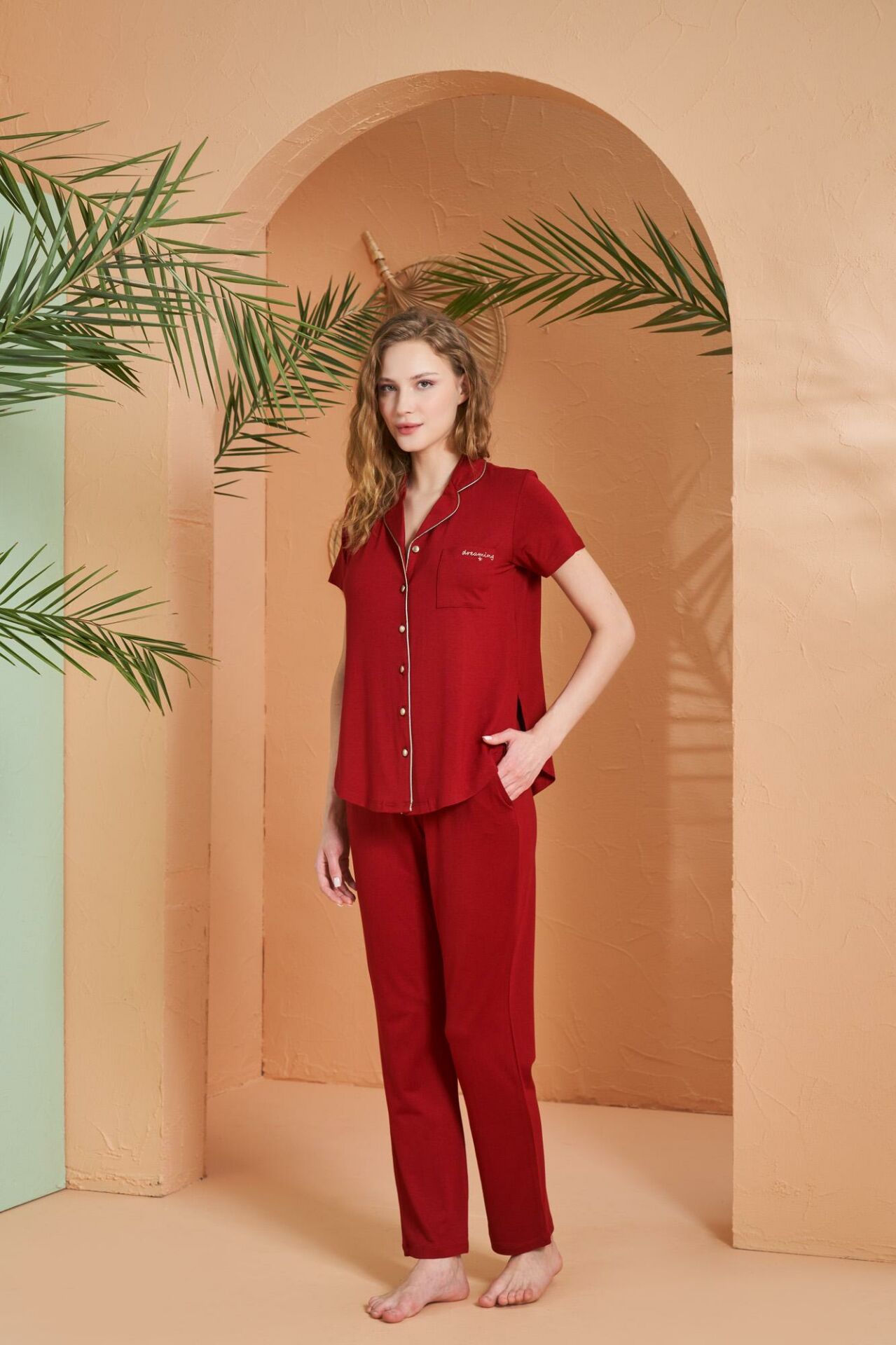 Pjs 27069 Dreaming Kadın Gold Detaylı Boydan Düğmeli Kısa Kollu Pijama Takım