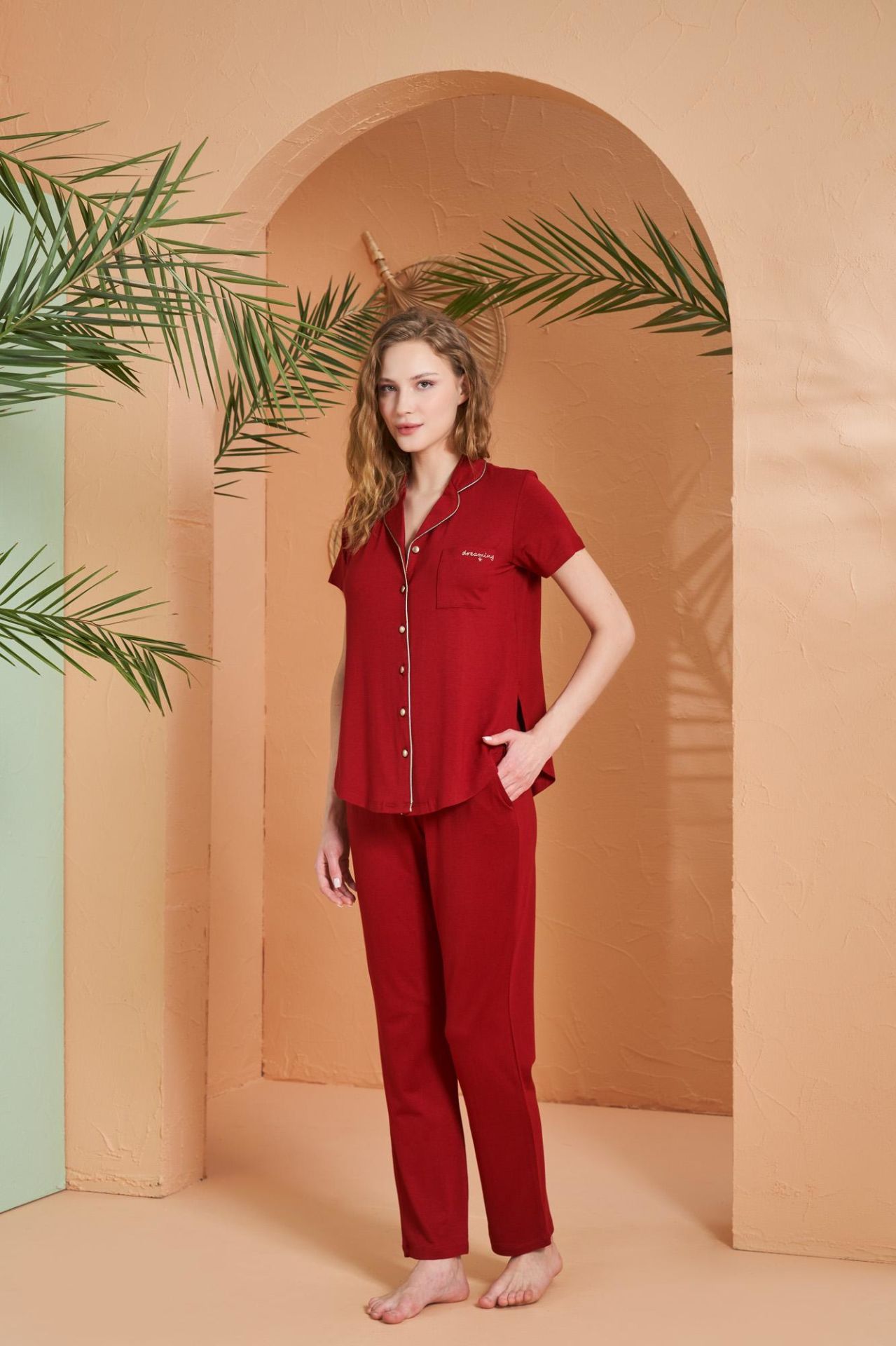Pjs Dreaming Kadın Gold Detaylı Boydan Düğmeli Kısa Kollu Pijama Takım
