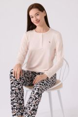 Arnetta 3113 Büyük Beden Kadın Desenli Düğmeli Uzun Kollu Pijama Takımı