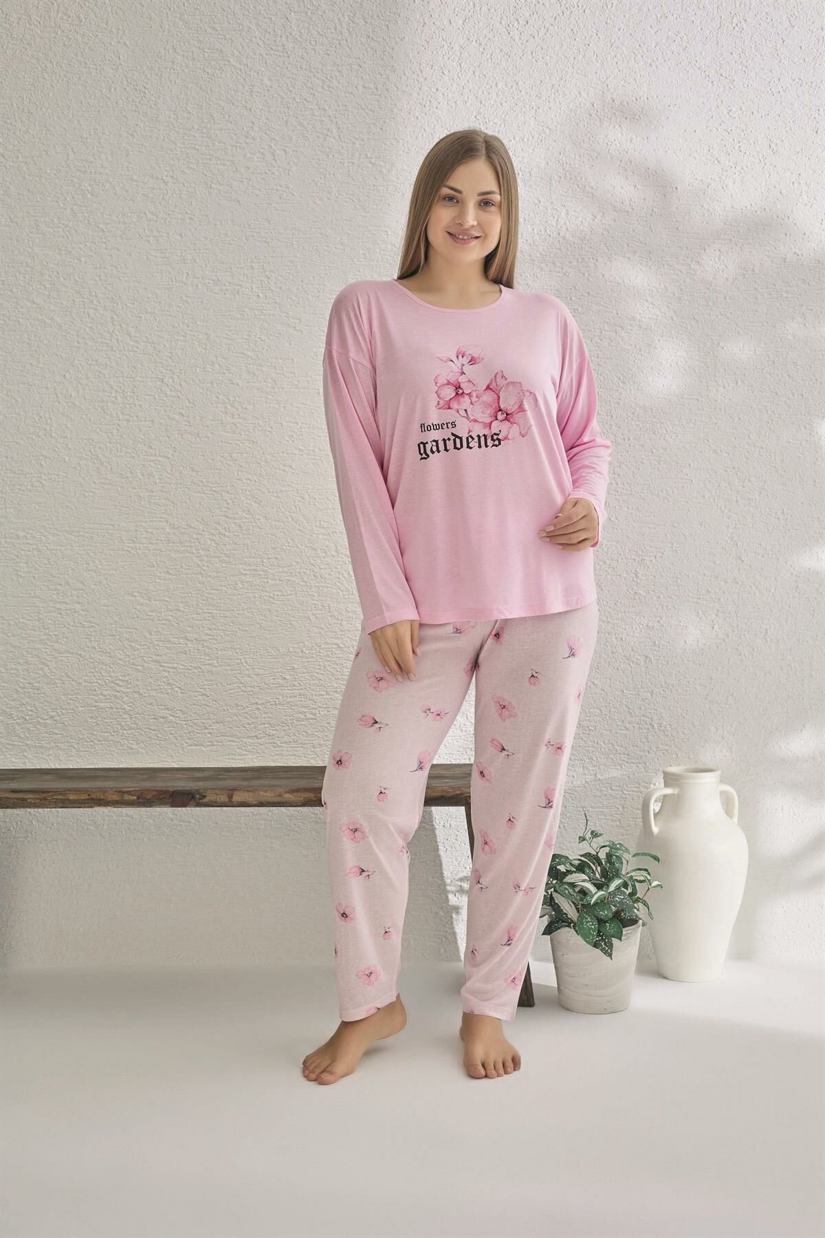 Estiva 23166 Kadın Uzun Kollu Büyük Beden Yazlık Viskon Pijama Takımı