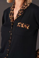 Pjs 26006 Kadın Patlı Boydan Düğmeli Leopar Desenli Uzun Kollu Pijama Takım