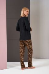 Pjs 26006 Kadın Patlı Boydan Düğmeli Leopar Desenli Uzun Kollu Pijama Takım
