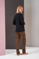 Pjs 26006 Kadın Patlı Boydan Düğmeli Leopar Desenli Uzun Kollu Pijama Takım