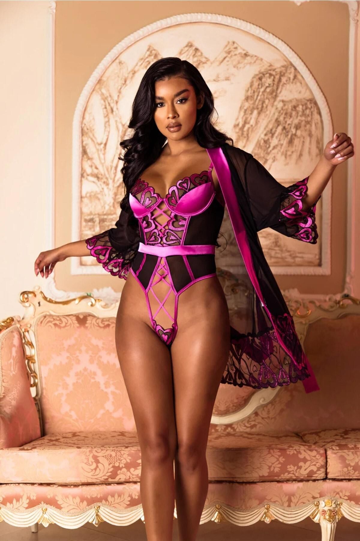 Gd Goldoremi 8427 Premium Kalp Desenli Babydoll Takım Gecelik Fantezi Takım