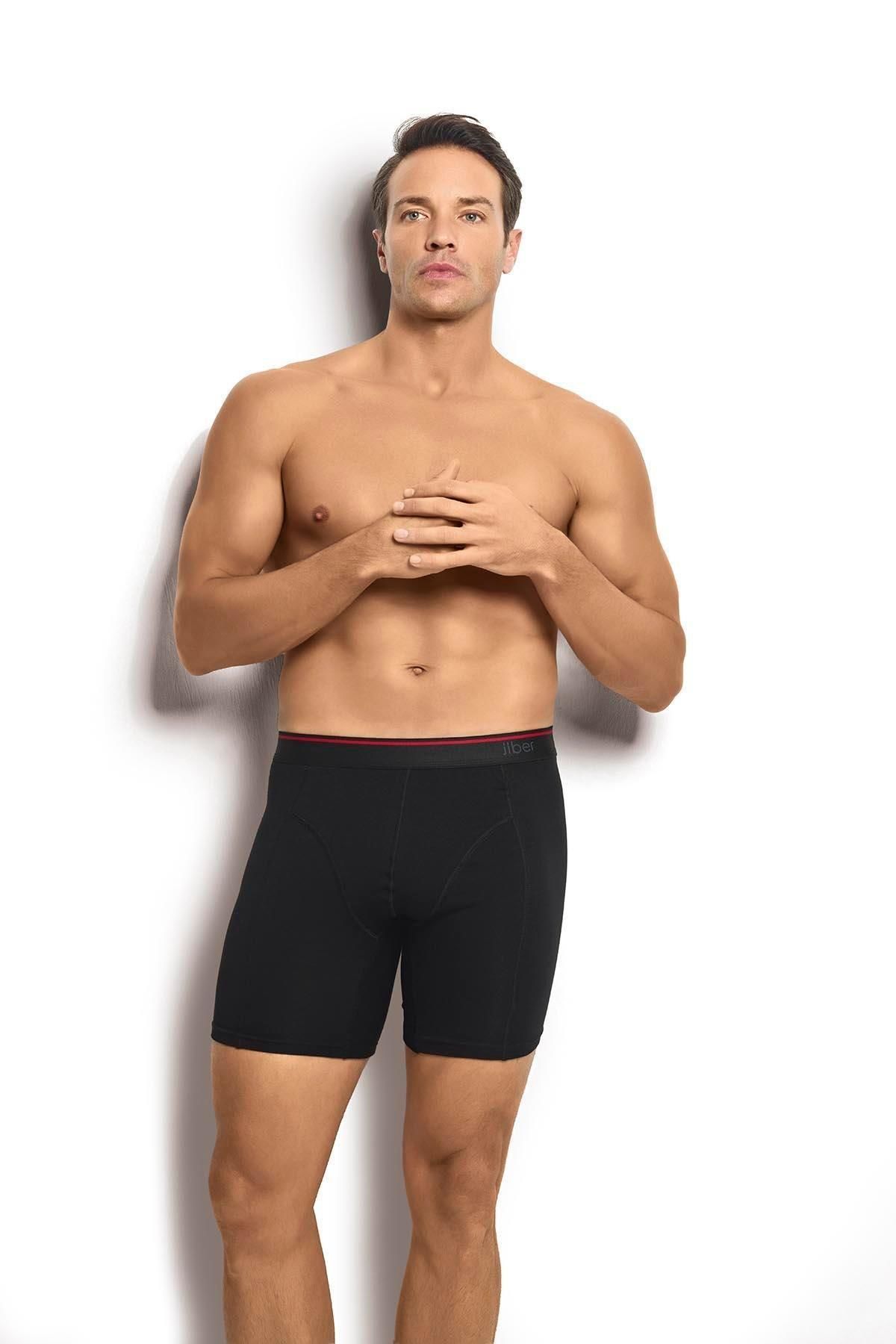Jiber 268 Erkek 3'lü Pamuklu Likralı Uzun Boxer Siyah - XL