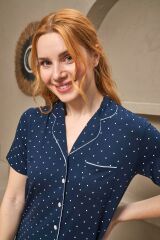 Pjs 25163 Kadın Yakalı Düğmeli Puanlı Kısa Kollu Pijama Takım