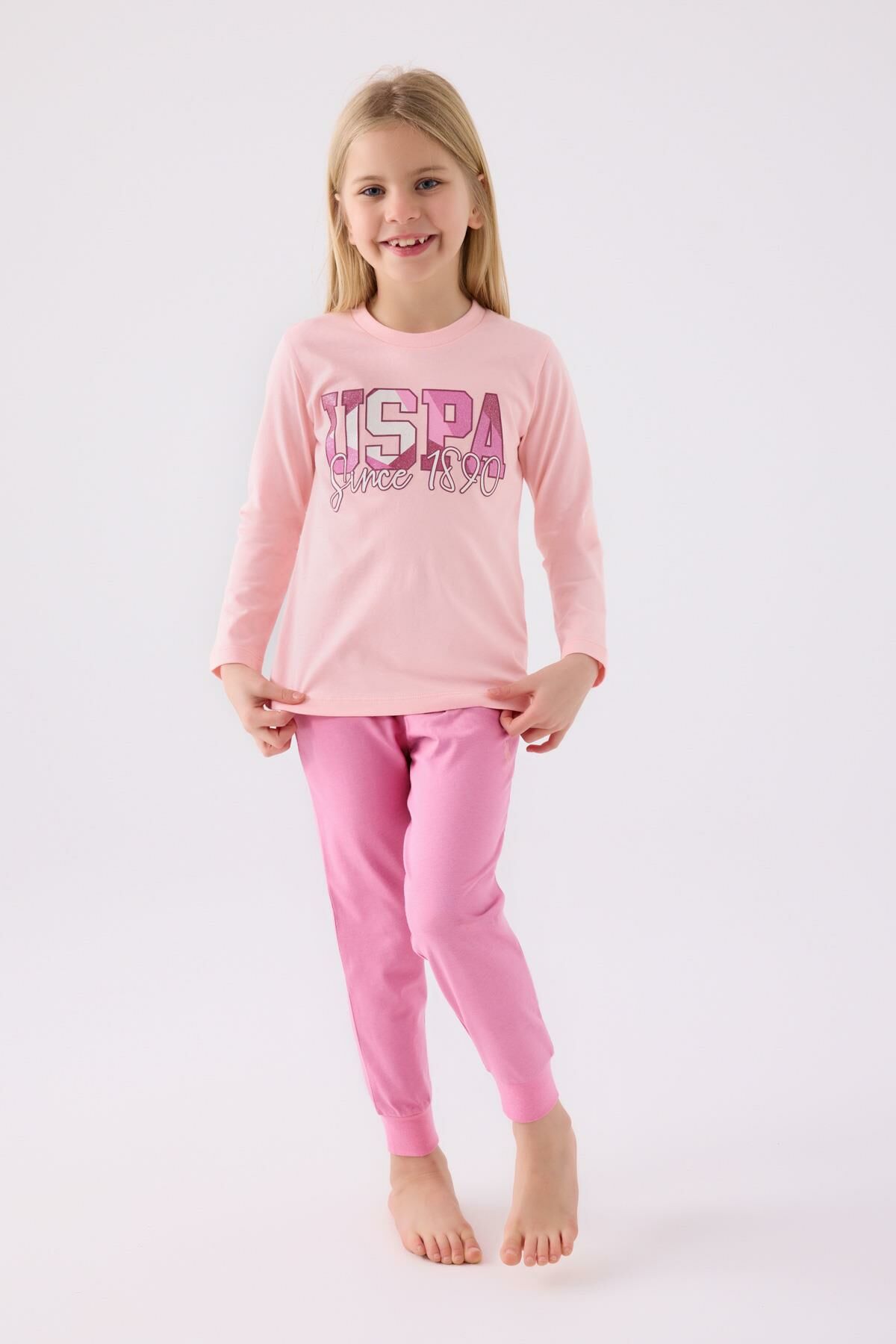 U.S. Polo Assn. 1984 Kız Çocuk Pembe Uzun Kol Pijama Takım
