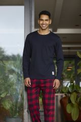 Kly 6028 Erkek Sıfır Yaka Ekoseli Uzun Kollu Pijama Takım