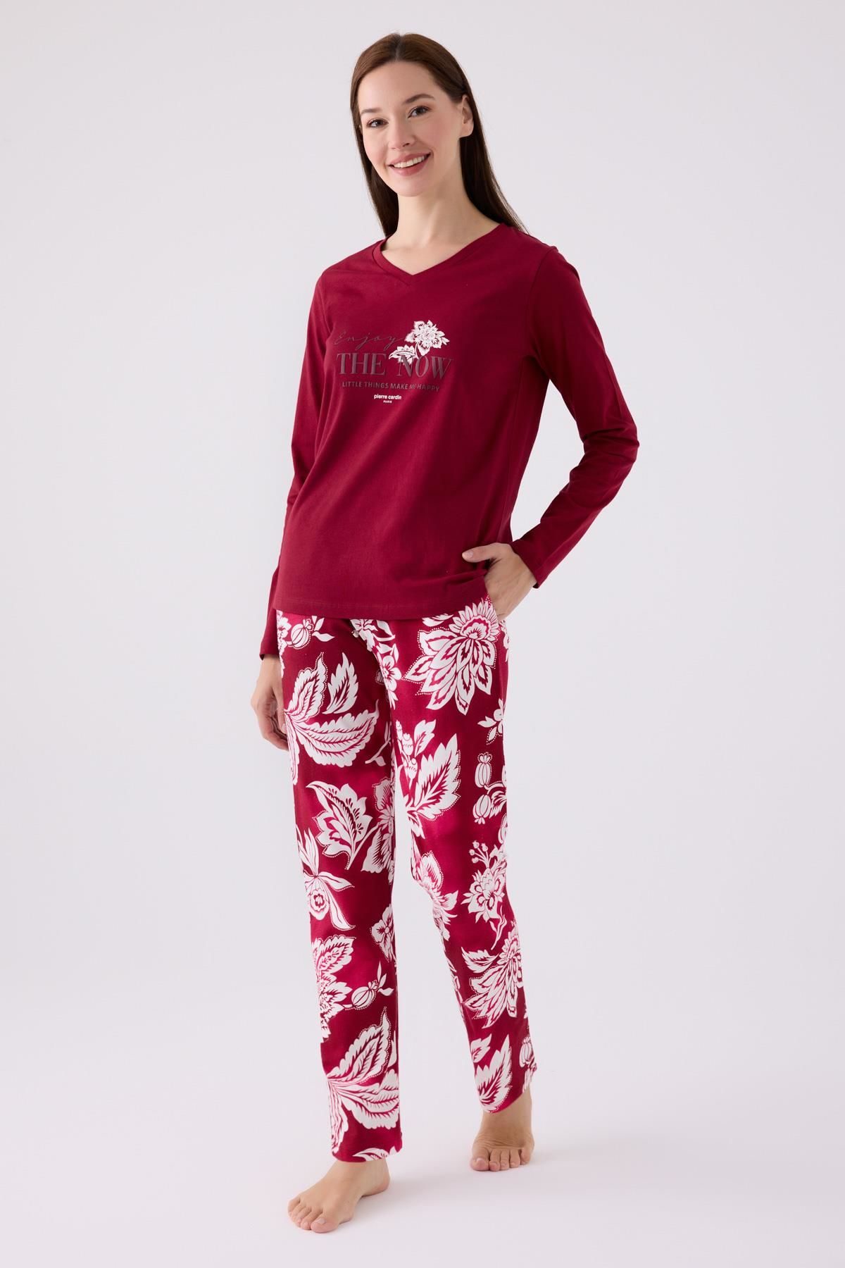 Pierre Cardin Paris 8865 Enjoy The Now Kadın Bordo Uzun Kol Pijama Takım