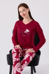 Pierre Cardin Paris 8865 Enjoy The Now Kadın Bordo Uzun Kol Pijama Takım