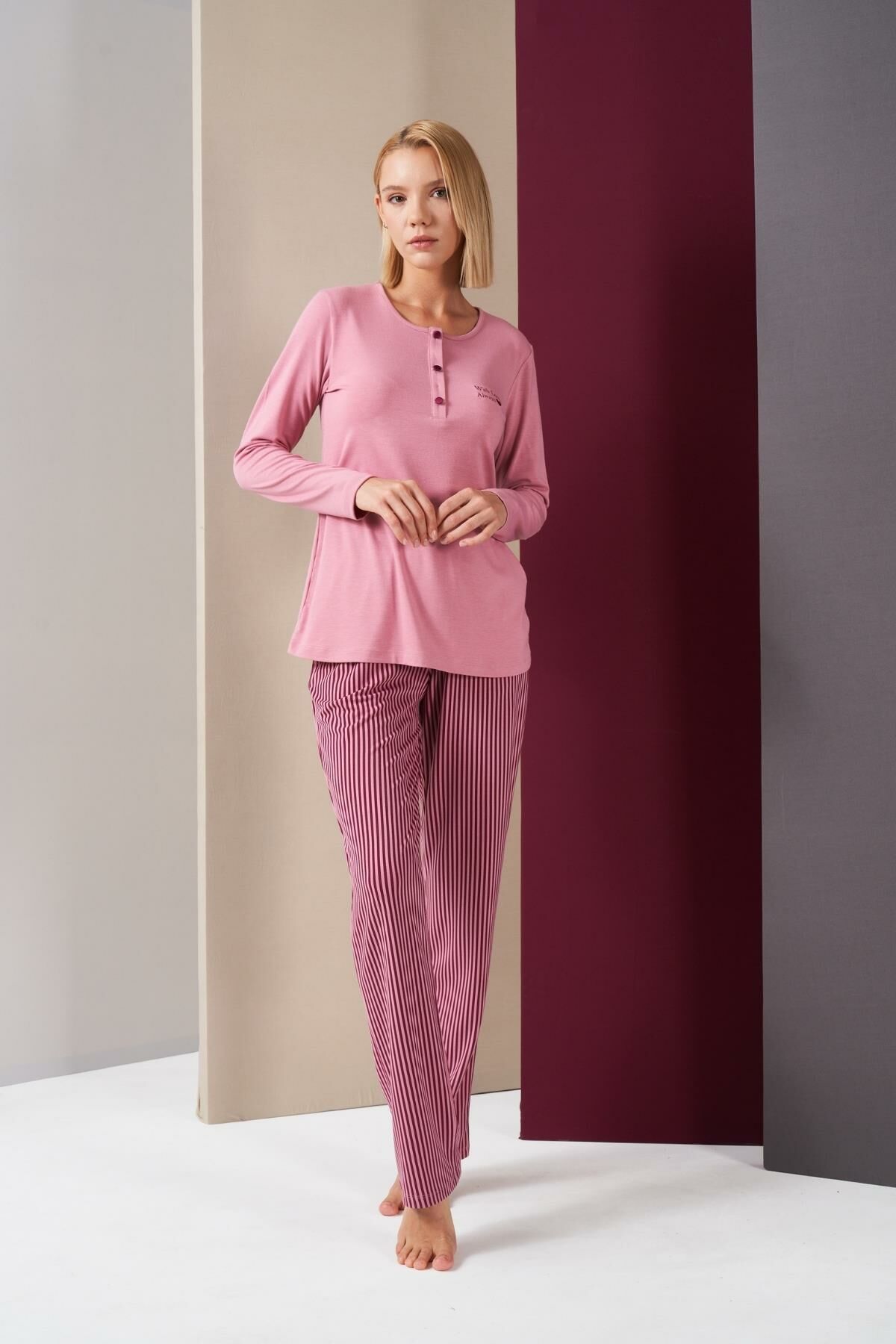 Pjs 26008 With Love Always Kadın Patlı Çizgili Uzun Kollu Pijama Takım