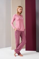 Pjs 26008 With Love Always Kadın Patlı Çizgili Uzun Kollu Pijama Takım