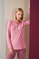 Pjs 26008 With Love Always Kadın Patlı Çizgili Uzun Kollu Pijama Takım