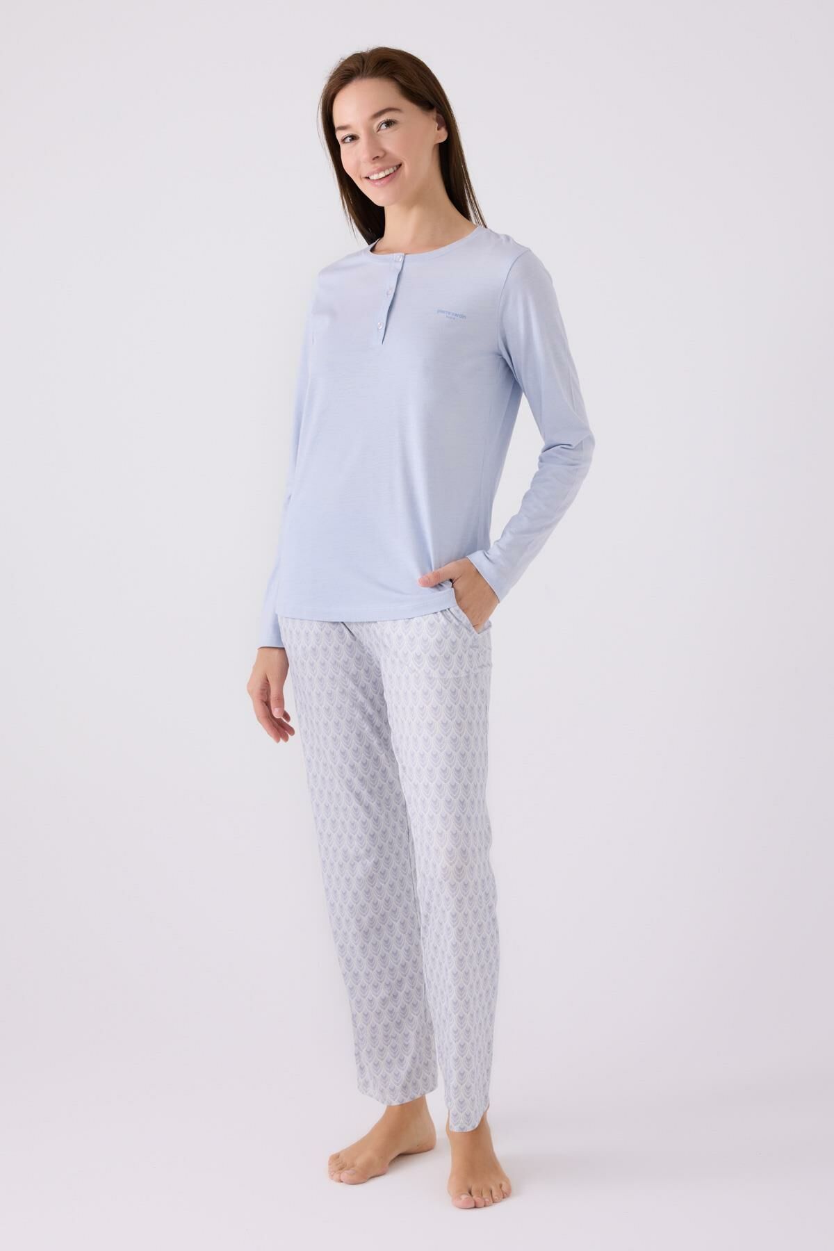 Pierre Cardin Paris 8888 Kadın Uzun Kol Yaka Düğmeli Desenli Pijama Takım