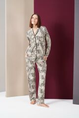 Pjs 26021 Kadın Önden Düğmeli Patlı Leopar Desenli Uzun Kollu Pijama Takım