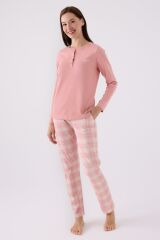 Pierre Cardin Paris 8918 Kadın Ekose Desen Düğmeli Yaka Uzun Kol Pijama Takım