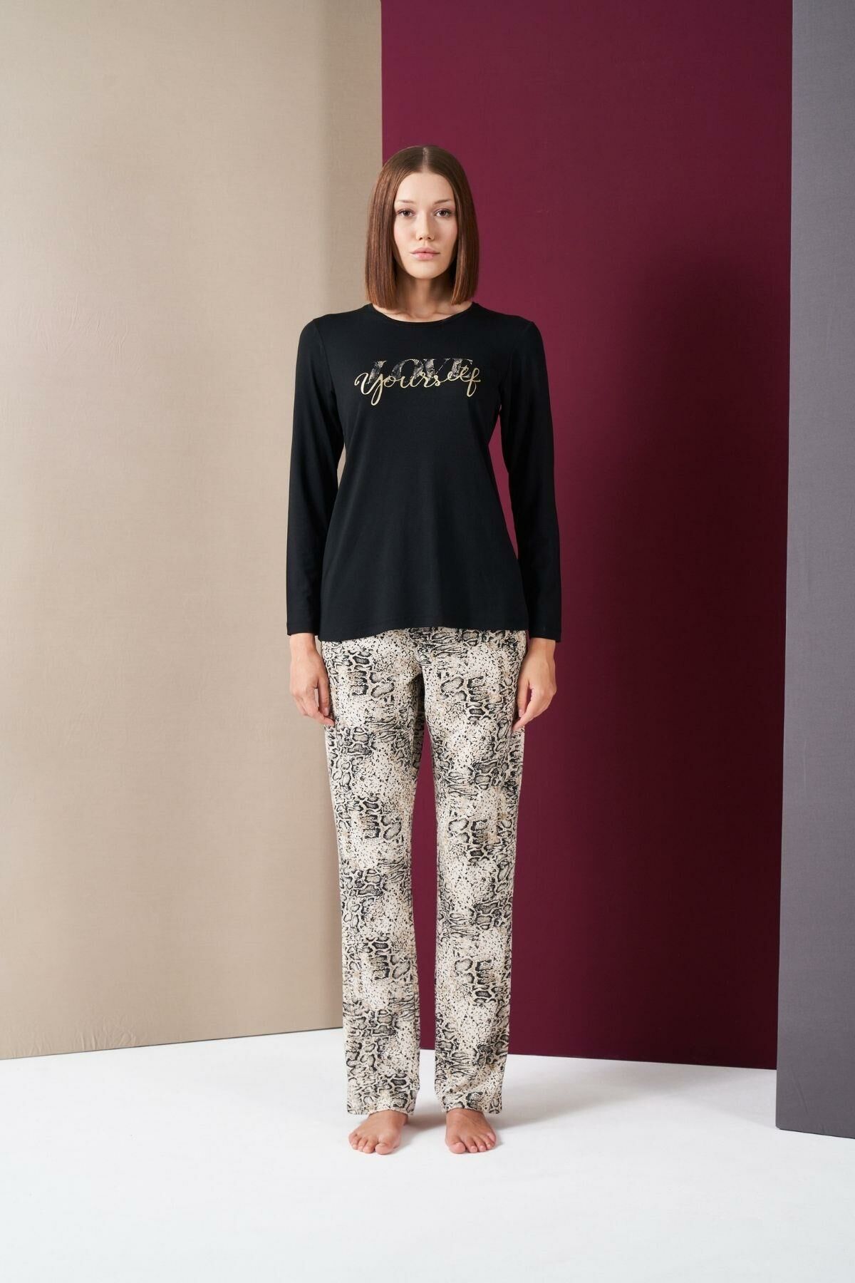 Pjs 26020 Kadın Love Yourself Yuvarlak Yaka Leopar Desen Uzun Kol Pijama Takım