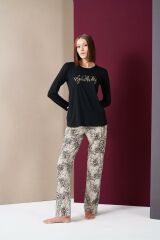 Pjs 26020 Kadın Love Yourself Yuvarlak Yaka Leopar Desen Uzun Kol Pijama Takım