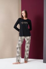 Pjs 26020 Kadın Love Yourself Yuvarlak Yaka Leopar Desen Uzun Kol Pijama Takım