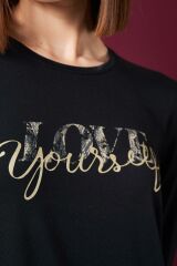 Pjs 26020 Kadın Love Yourself Yuvarlak Yaka Leopar Desen Uzun Kol Pijama Takım
