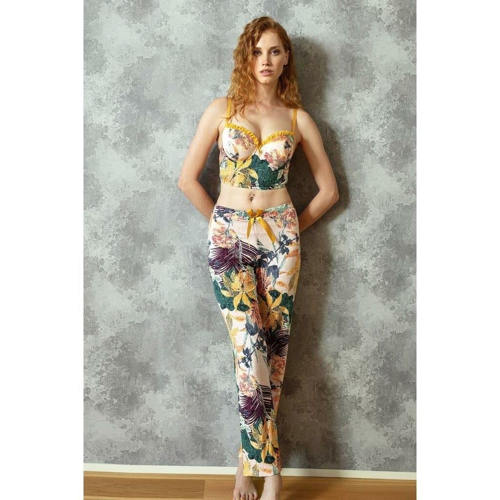 Anıl 4157 Kadın Yaprak Desenli Viskon Büstiyer Pijama Takım