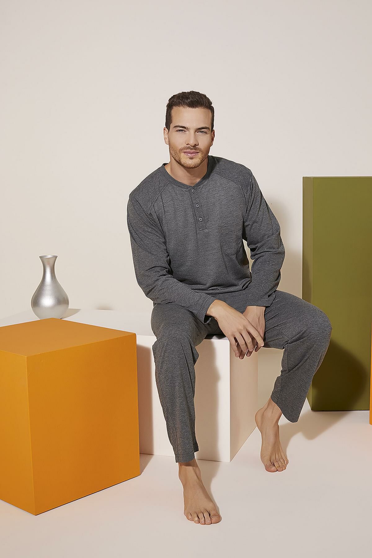 Kly 9201 Erkek Midi Yaka Pijama Takım