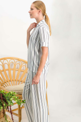 Arnetta 718 Lines Krem Düğmeli Kadın Gömlek Pijama Takımı