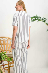 Arnetta 718 Lines Krem Düğmeli Kadın Gömlek Pijama Takımı