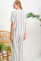 Arnetta 718 Lines Krem Düğmeli Kadın Gömlek Pijama Takımı