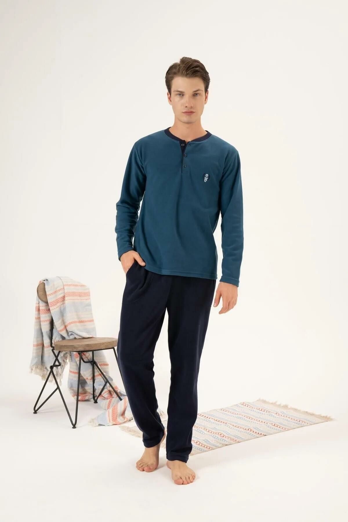 Estiva 24421 Erkek Kışlık Polar Düğmeli Yaka Pijama Takımı